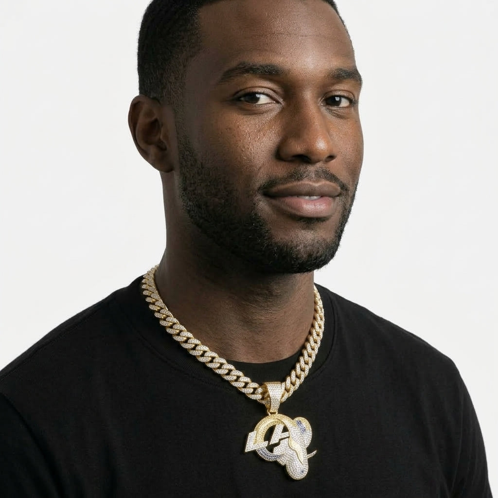 Los Angeles Rams Iced Out Pendant Necklace on Cuban Link Chain – Blue & Yellow Stone LA Ram Horn Logo | Gold or Silver
