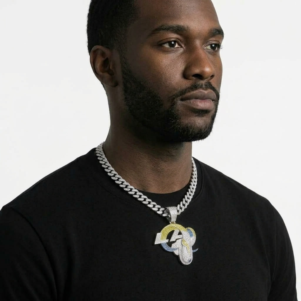 Los Angeles Rams Iced Out Pendant Necklace on Cuban Link Chain – Blue & Yellow Stone LA Ram Horn Logo | Gold or Silver