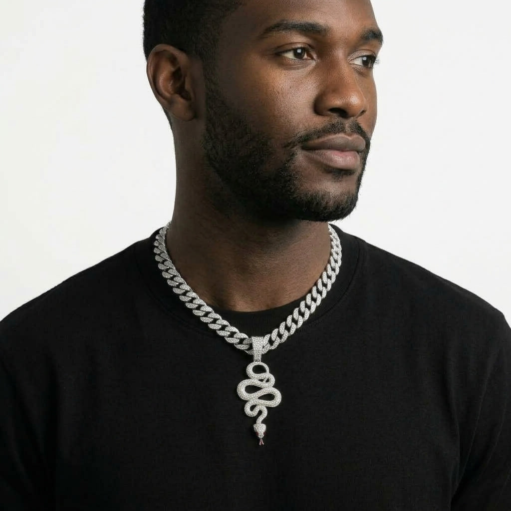 Iced Out Snake Pendant Necklace on Cuban Link Chain – Coiled Serpent with Red Eyes & Tongue | Gold or Silver