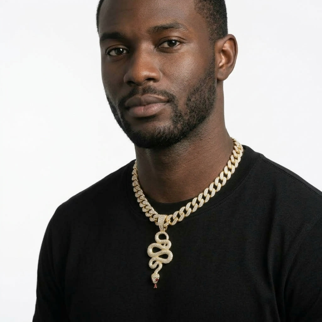 Iced Out Snake Pendant Necklace on Cuban Link Chain – Coiled Serpent with Red Eyes & Tongue | Gold or Silver