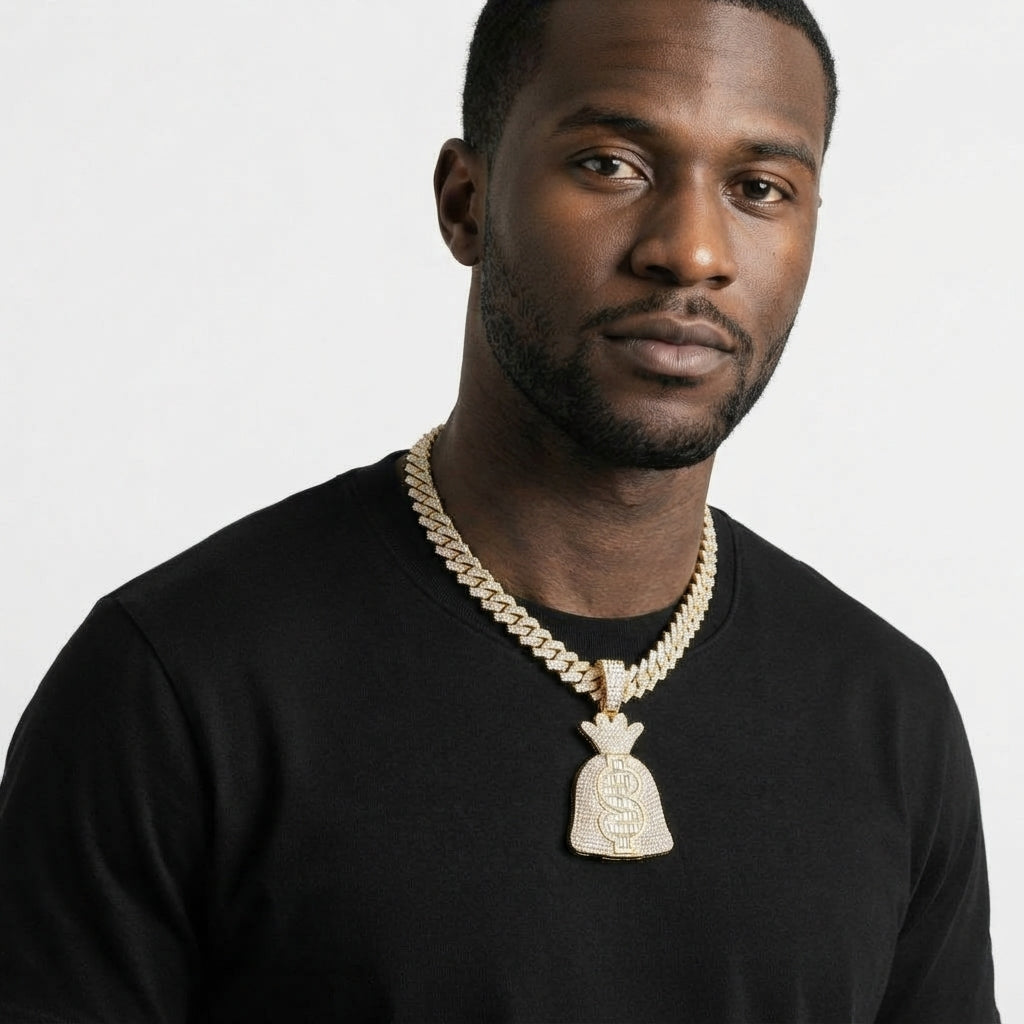 Iced Out Money Bag Pendant Necklace on Cuban Link Chain – Baguette-Stone Dollar Sign | Gold or Silver