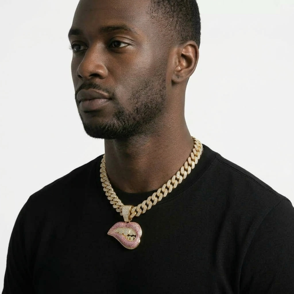 Iced Out Pink Lip Bite Pendant Necklace on Cuban Link Chain – Biting Lips with Iced Grillz | Gold or Silver