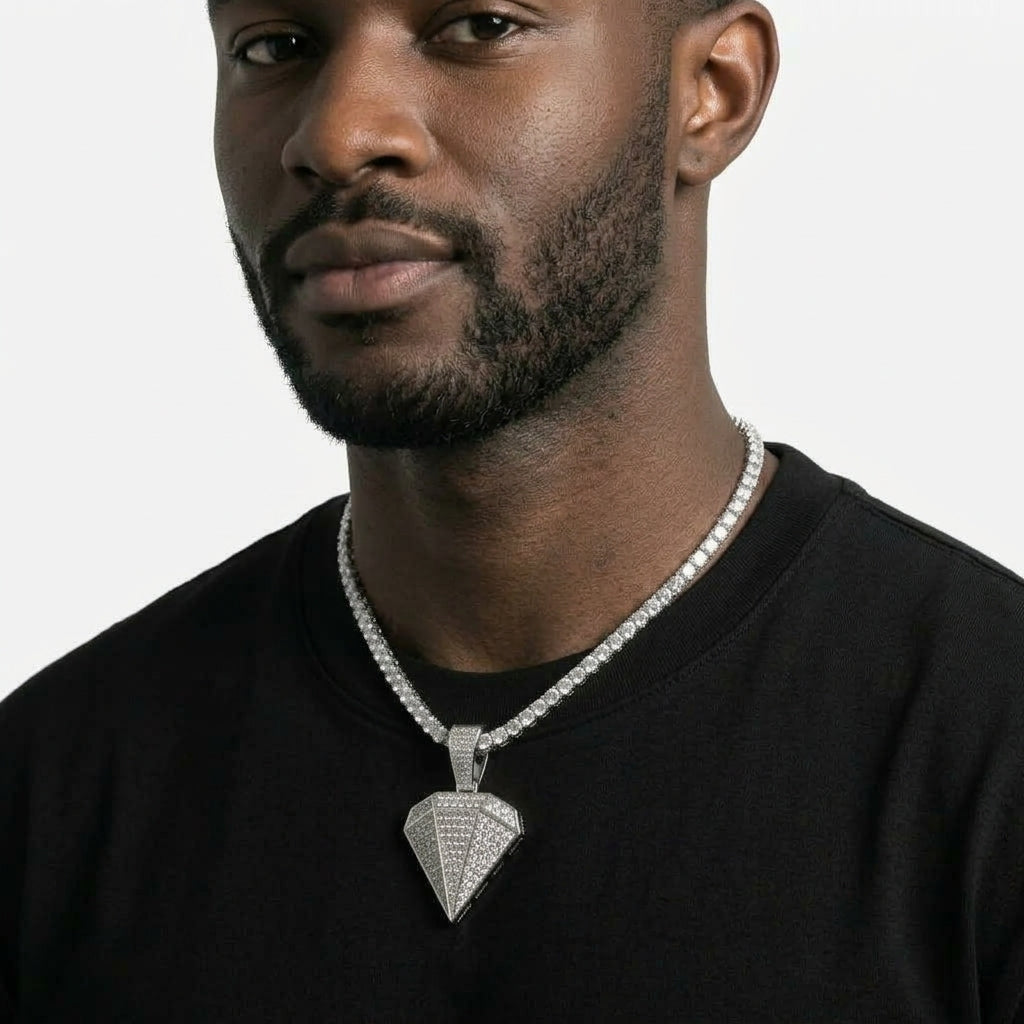 Iced Out Diamond-Shaped Pendant Necklace on Tennis Chain – Faceted Gem Design | Gold or Silver