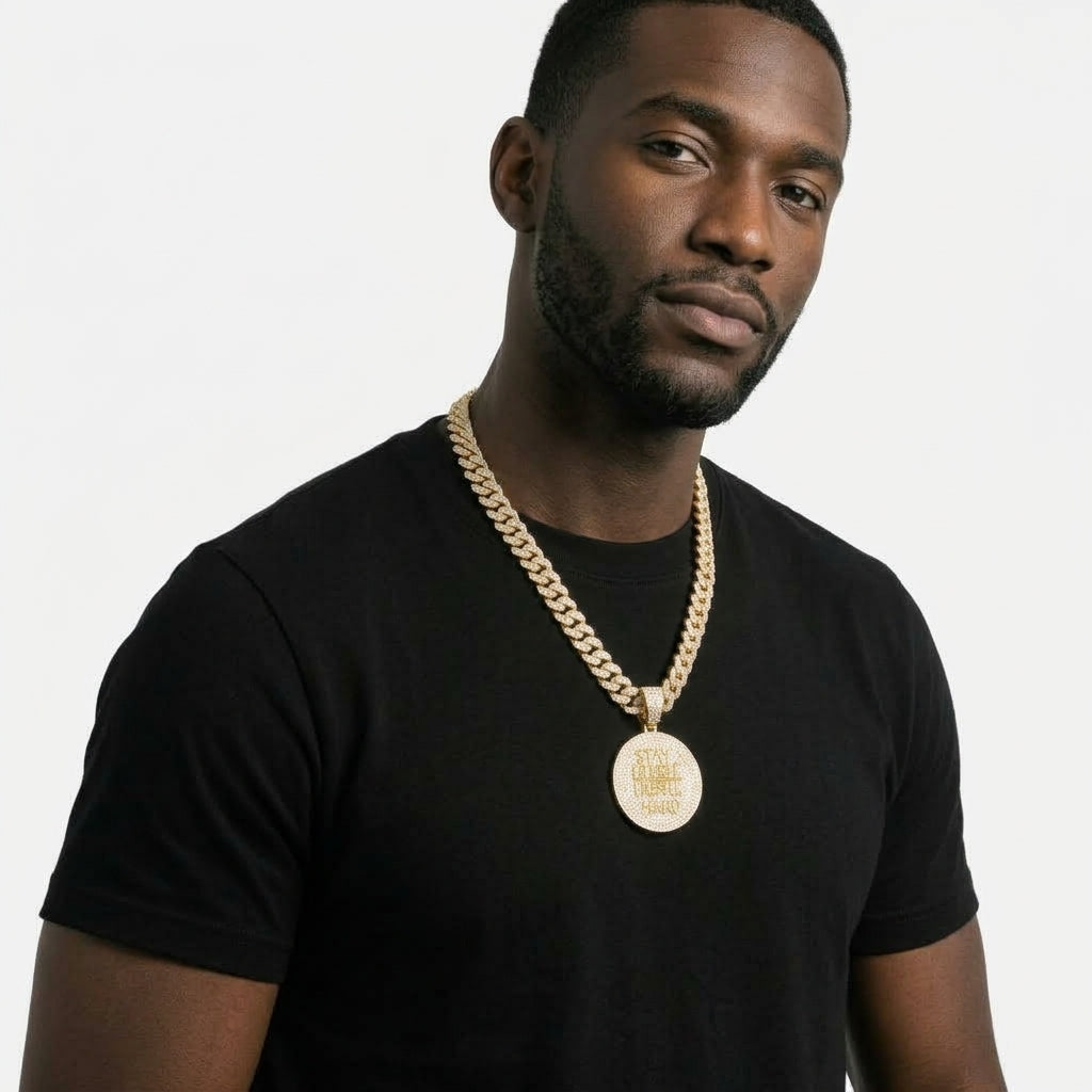 Iced Out Stay Humble Hustle Hard Medallion Pendant on Cuban Link Chain – Round Stone-Set Disc with Polished Lettering | Gold or Silver