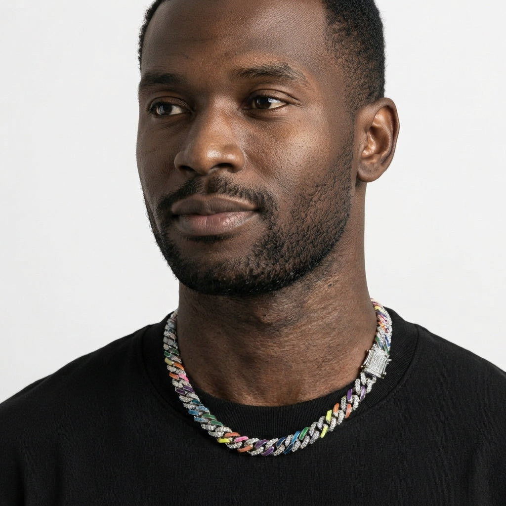 Iced Out Rainbow Cuban Link Chain Necklace – Multicolor Enamel Link Edges with Stone-Set Box Clasp | Silver