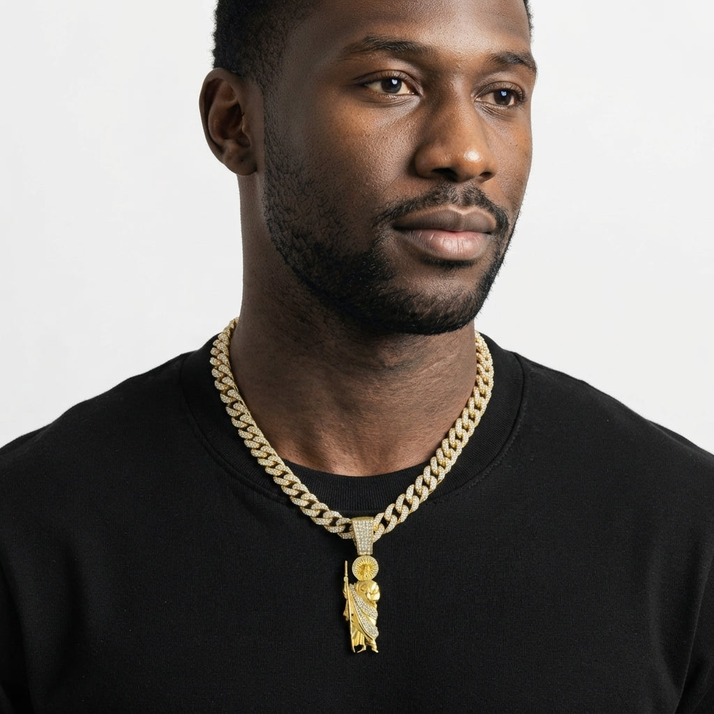 Iced Out San Judas St. Jude Pendant Necklace on Cuban Link Chain – Saint with Staff & Medallion, Religious Jewelry | Silver or Gold