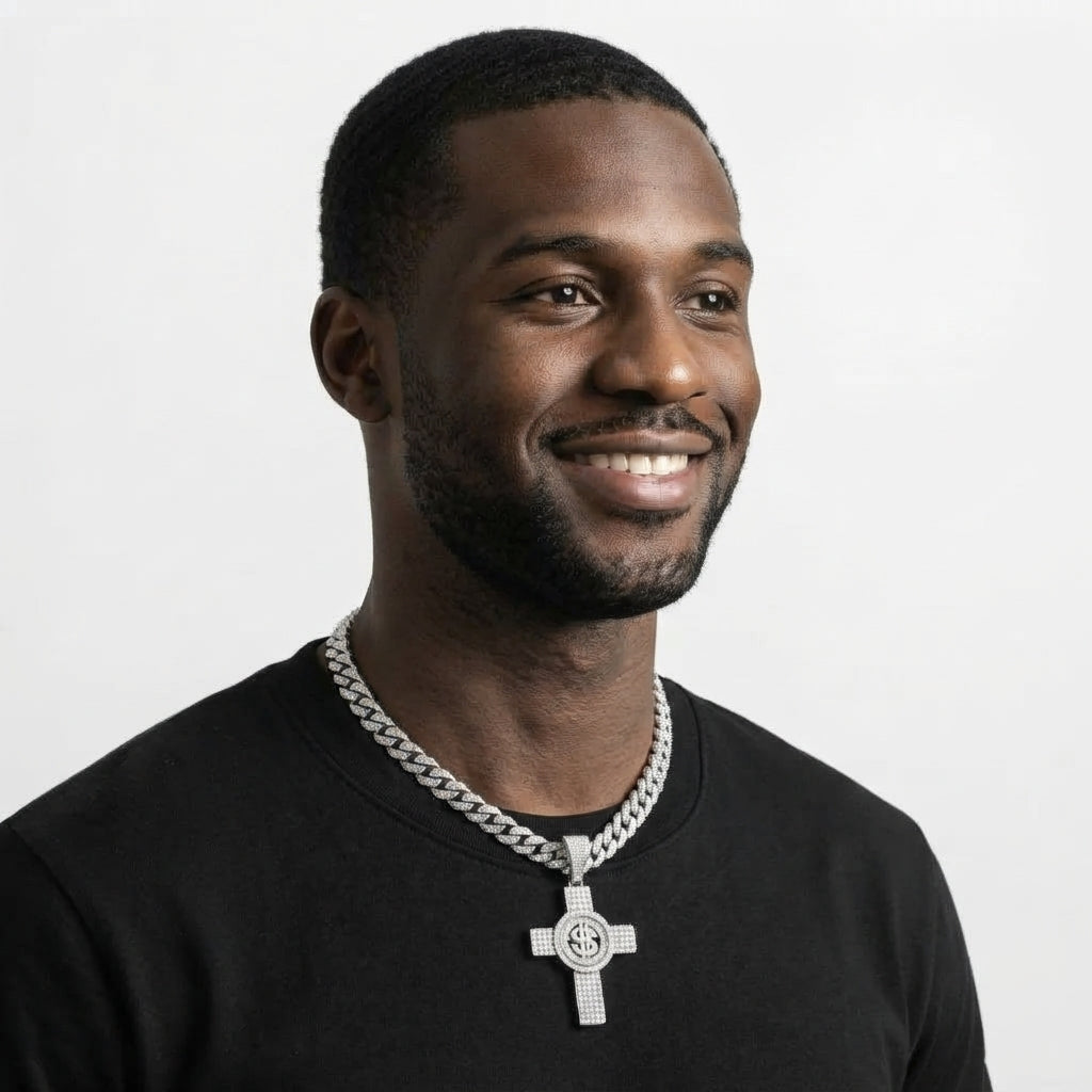 Iced Out Dollar Sign Cross Pendant Necklace on Cuban Link Chain – Fully Stone-Set with Double-Ring Center Frame | Gold or Silver