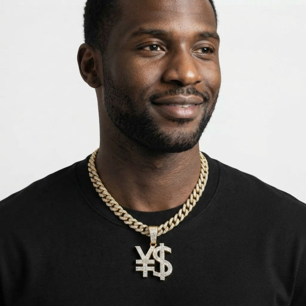 Iced Out Yen & Dollar Sign Pendant Necklace on Cuban Link Chain – Joined Currency Symbols, Fully Stone-Set | Gold or Silver