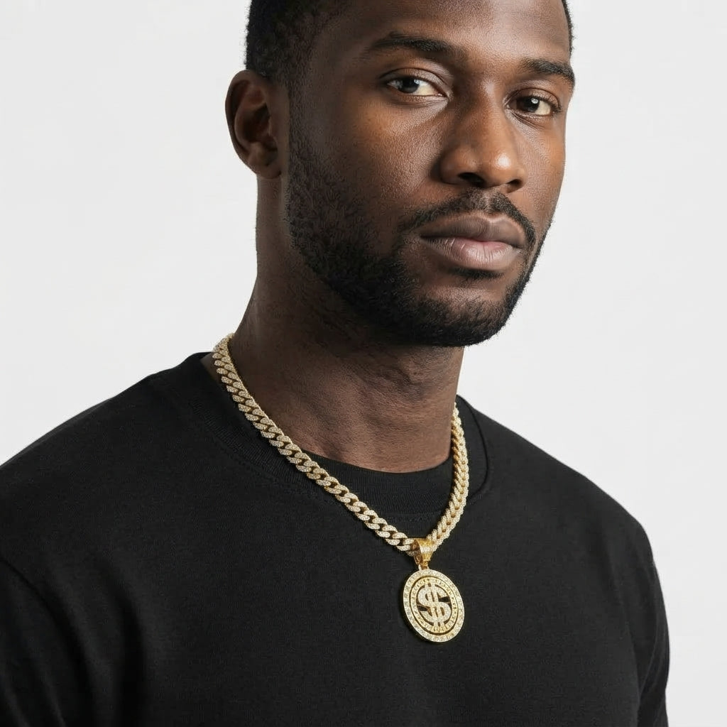 Iced Out Dollar Sign Medallion Pendant Necklace on Cuban Link Chain – Round Stone-Set Frame | Silver or Gold