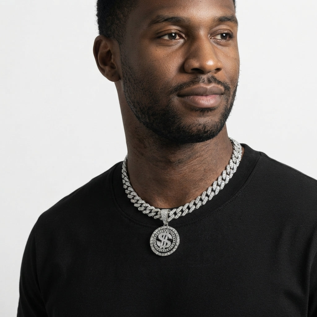 Iced Out Dollar Sign Medallion Pendant Necklace on Cuban Link Chain – Round Stone-Set Frame | Silver or Gold