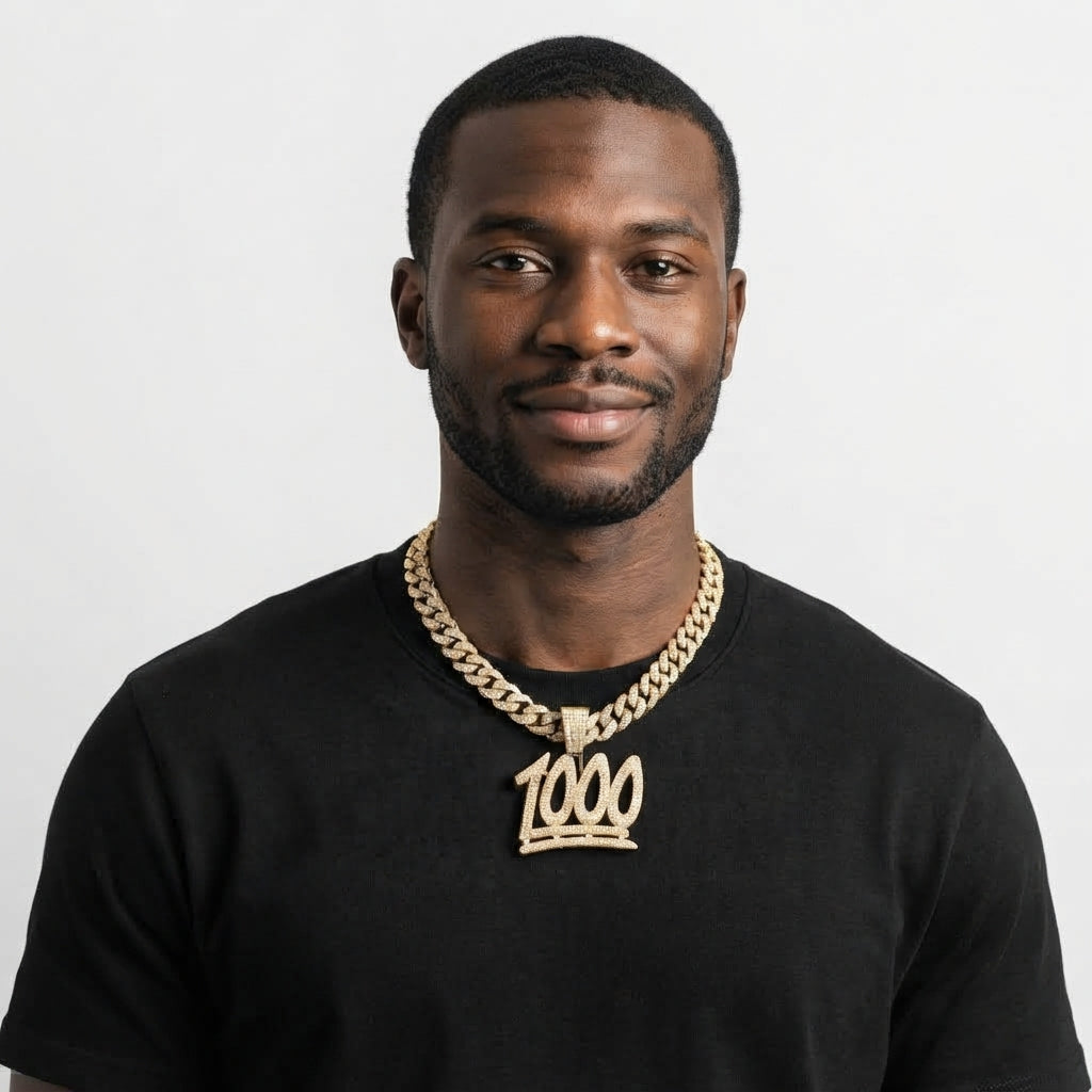 Iced Out 1000 Pendant Necklace on Cuban Link Chain – Keep It 1000 Emoji-Style Numerals with Double Underline | Gold or Silver