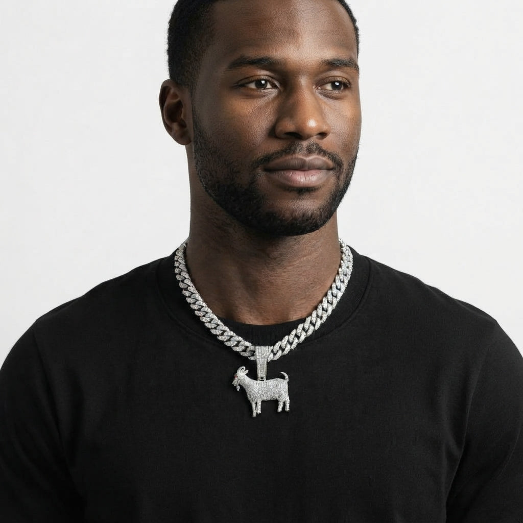 Iced Out Goat Pendant Necklace on Cuban Link Chain – Fully Stone-Set Standing Goat with Red Eye, Horns & Beard | Gold or Silver