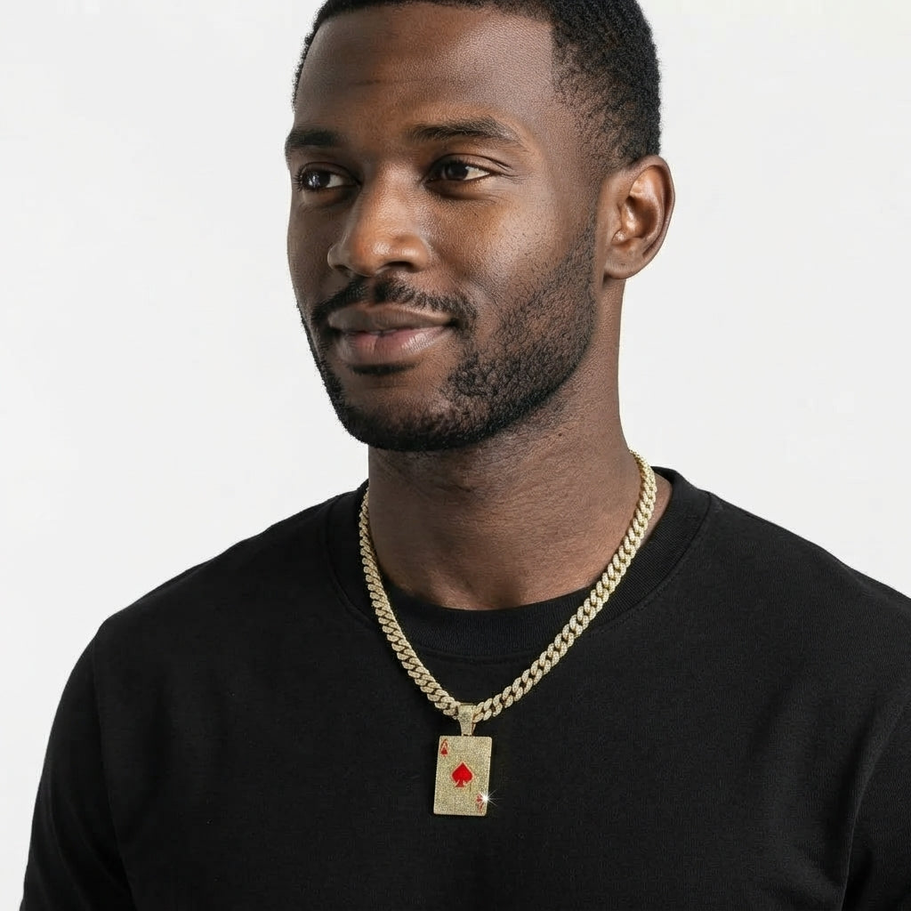 Iced Out Ace of Spades Playing Card Pendant Necklace on Cuban Link Chain – Red Enamel Spade | Silver or Gold