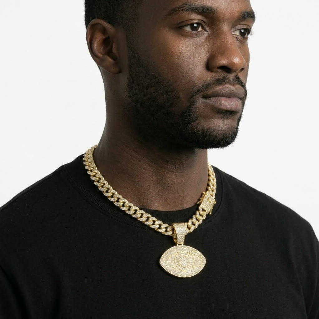 Iced Out Evil Eye Pendant Necklace on Cuban Link Chain – Almond-Shaped Eye with Baguette-Stone Iris Ring | Gold or Silver
