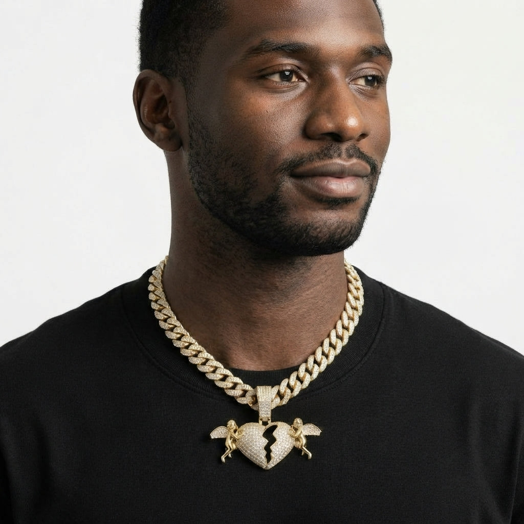 Iced Out Cherub Broken Heart Pendant Necklace on Cuban Link Chain – Polished Angels with Stone-Set Wings Holding Split Heart | Gold or Silver