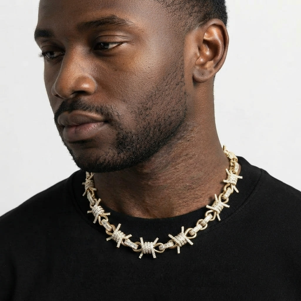 Barbed Wire Chain Necklace – Iced Out Clear Stone Thorn Link Design, Silver & Gold