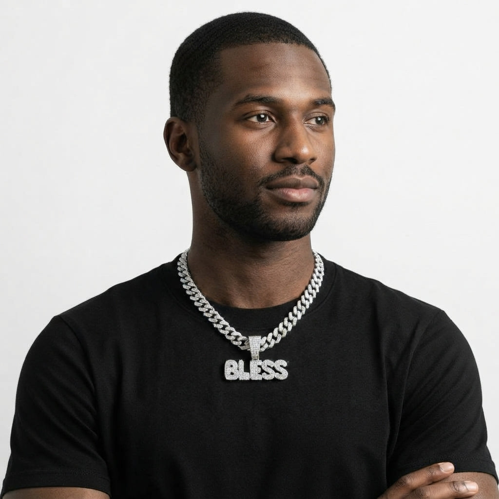 Iced Out BLESS Pendant Necklace on Cuban Link Chain – Bold Bubble Letters | Gold or Silver