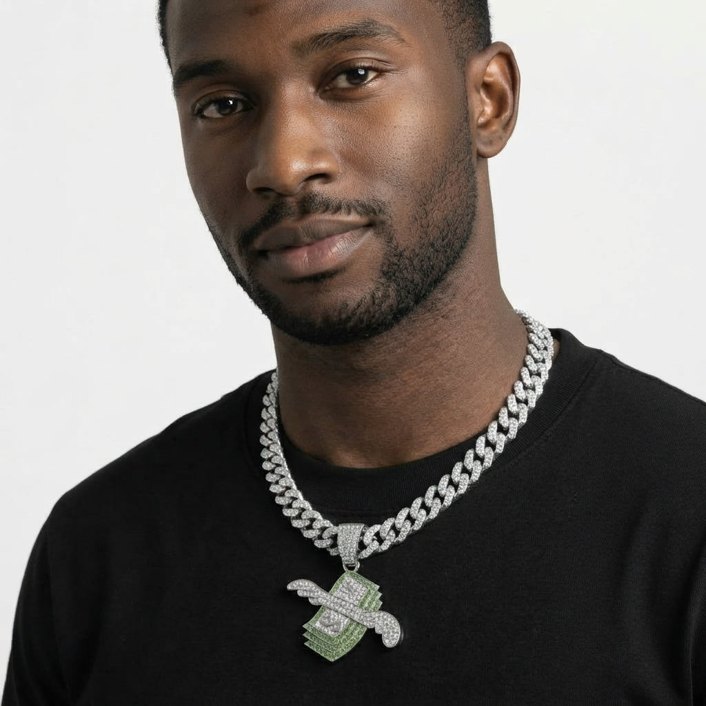 Iced Out Flying Money Pendant Necklace on Cuban Link Chain – Winged Cash Stack with Green Stones | Silver or Gold