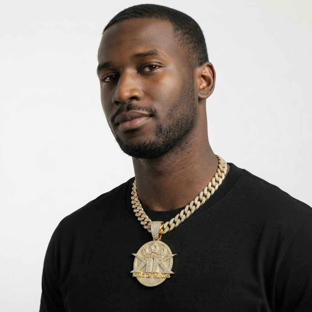 Iced Out King of Kings Medallion Pendant Necklace on Cuban Link Chain – Crowned Double-K Emblem, Religious Jewelry | Silver or Gold