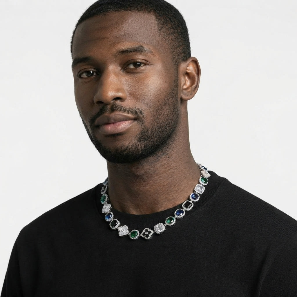 Iced Out Clover Station Link Chain Necklace – Inlaid Clovers Alternating with Halo-Set Colored Stones | Gold or Silver