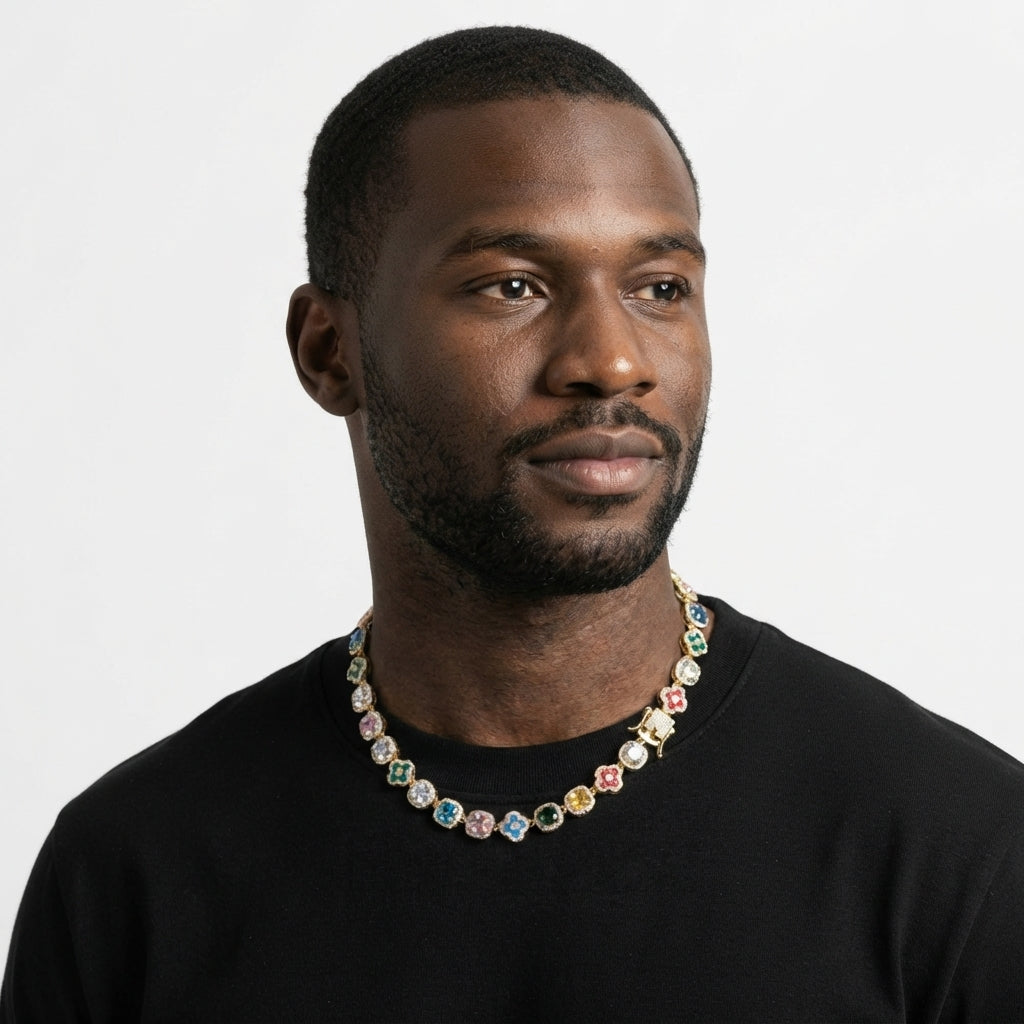 Iced Out Clover Station Link Chain Necklace – Inlaid Clovers Alternating with Halo-Set Colored Stones | Gold or Silver
