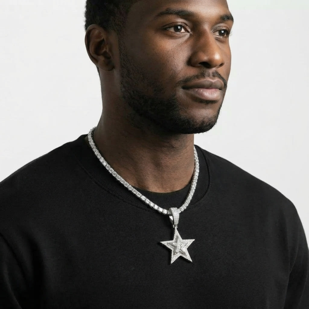 Iced Out Layered Star Pendant Necklace on Tennis Chain – Baguette-Stone Inner Star with Pavé Border | Gold or Silver