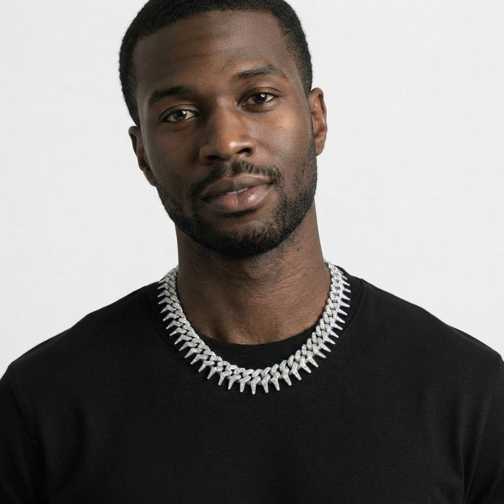 Iced Out Spiked Cuban Link Chain Necklace – Pointed Spike Links, Fully Stone-Set | Gold or Silver