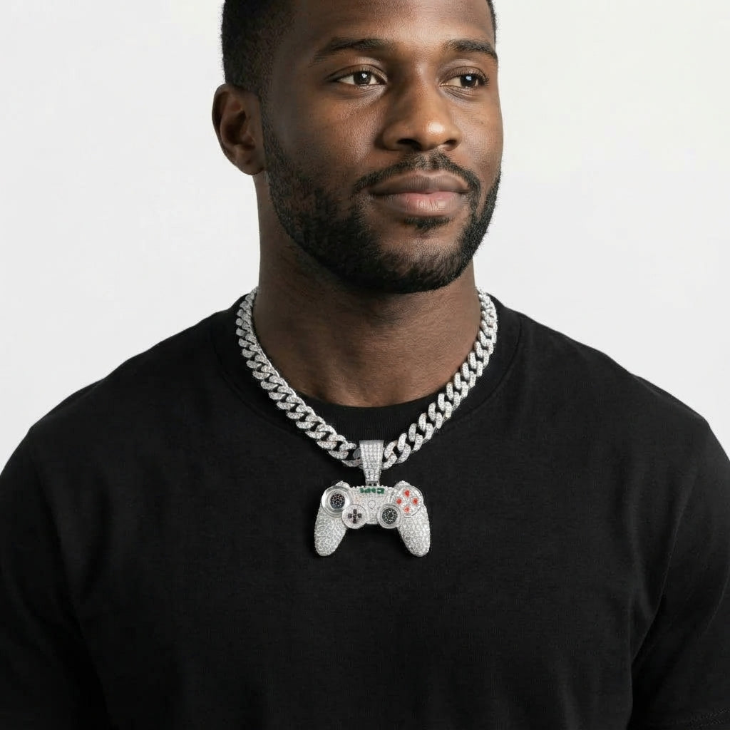 Iced Out Game Controller Pendant Necklace on Cuban Link Chain – Gamepad with Red Buttons & Black Stone Thumbsticks | Gold or Silver
