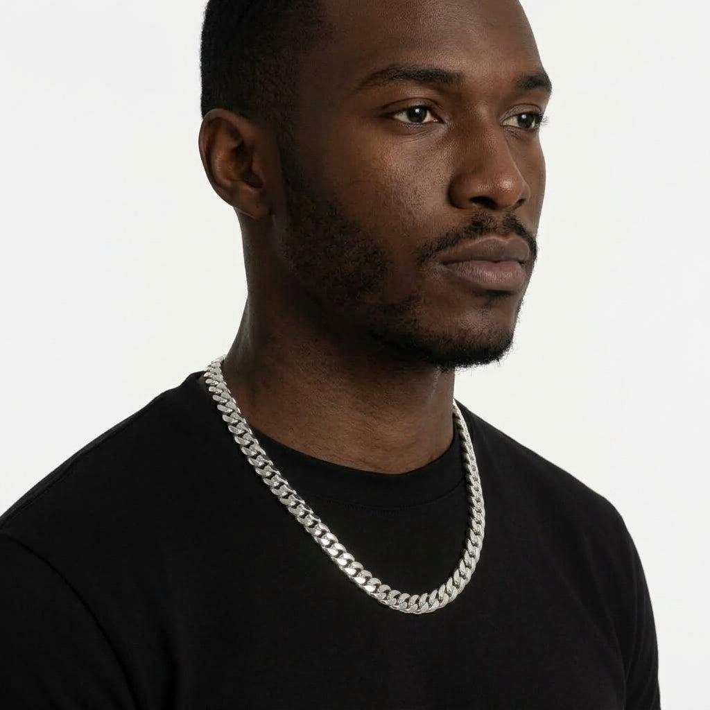 12mm Silver Cuban Link Chain Necklace – Polished Flat Interlocking Links