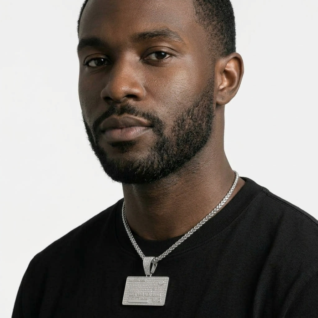 Iced Out Credit Card Pendant Necklace on Wheat Chain – Stone-Covered Bank Card Design | Silver or Gold