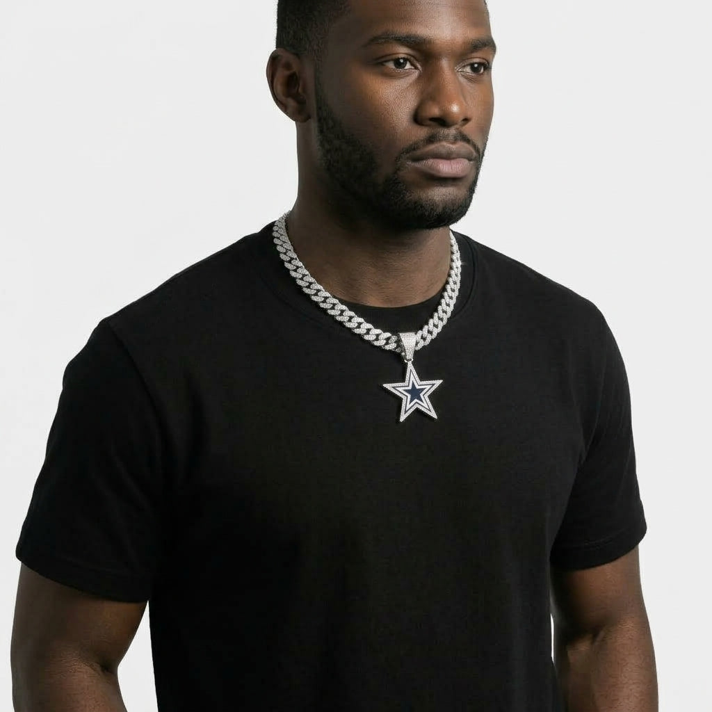 Iced Out Star Pendant Necklace on Cuban Link Chain – Black & White Enamel Star with Stone-Set Border | Silver or Gold
