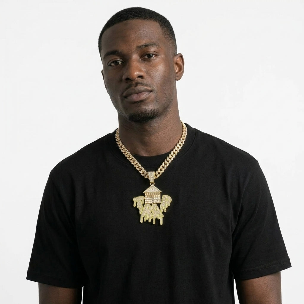 Iced Out Trap House Pendant Necklace on Cuban Link Chain – Baguette-Stone House & Green Drip TRAP Letters | Silver or Gold