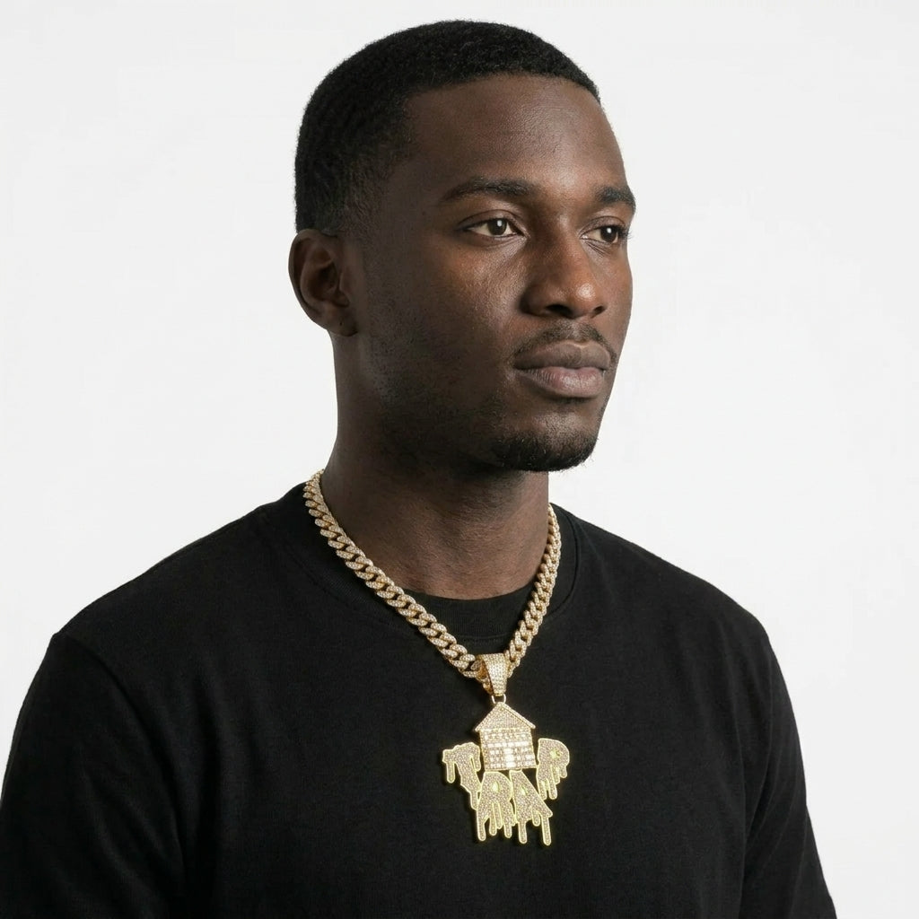 Iced Out Trap House Pendant Necklace on Cuban Link Chain – Baguette-Stone House & Green Drip TRAP Letters | Silver or Gold