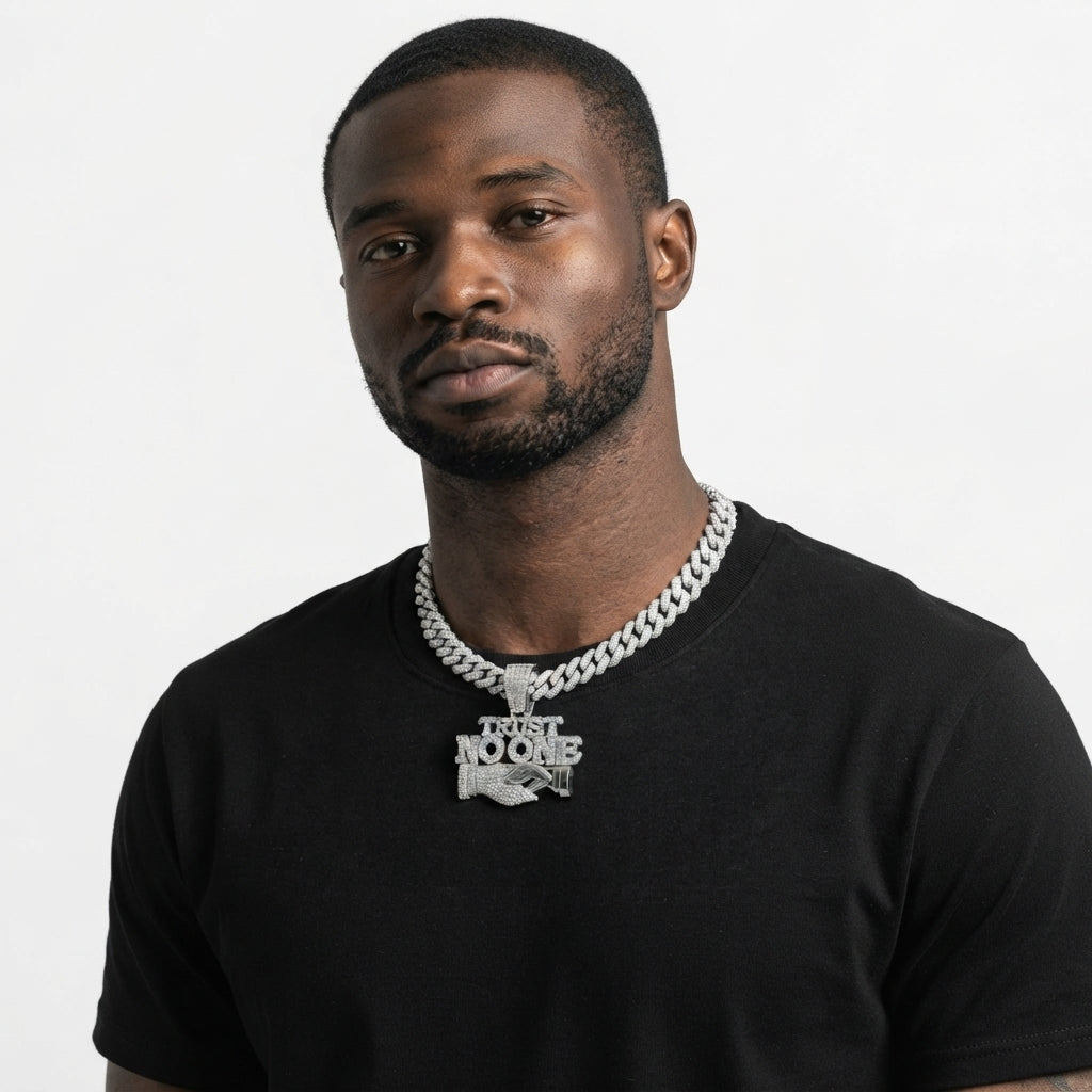 Iced Out TRUST NO ONE Pendant Necklace on Cuban Link Chain – Snake Handshake Design | Gold or Silver