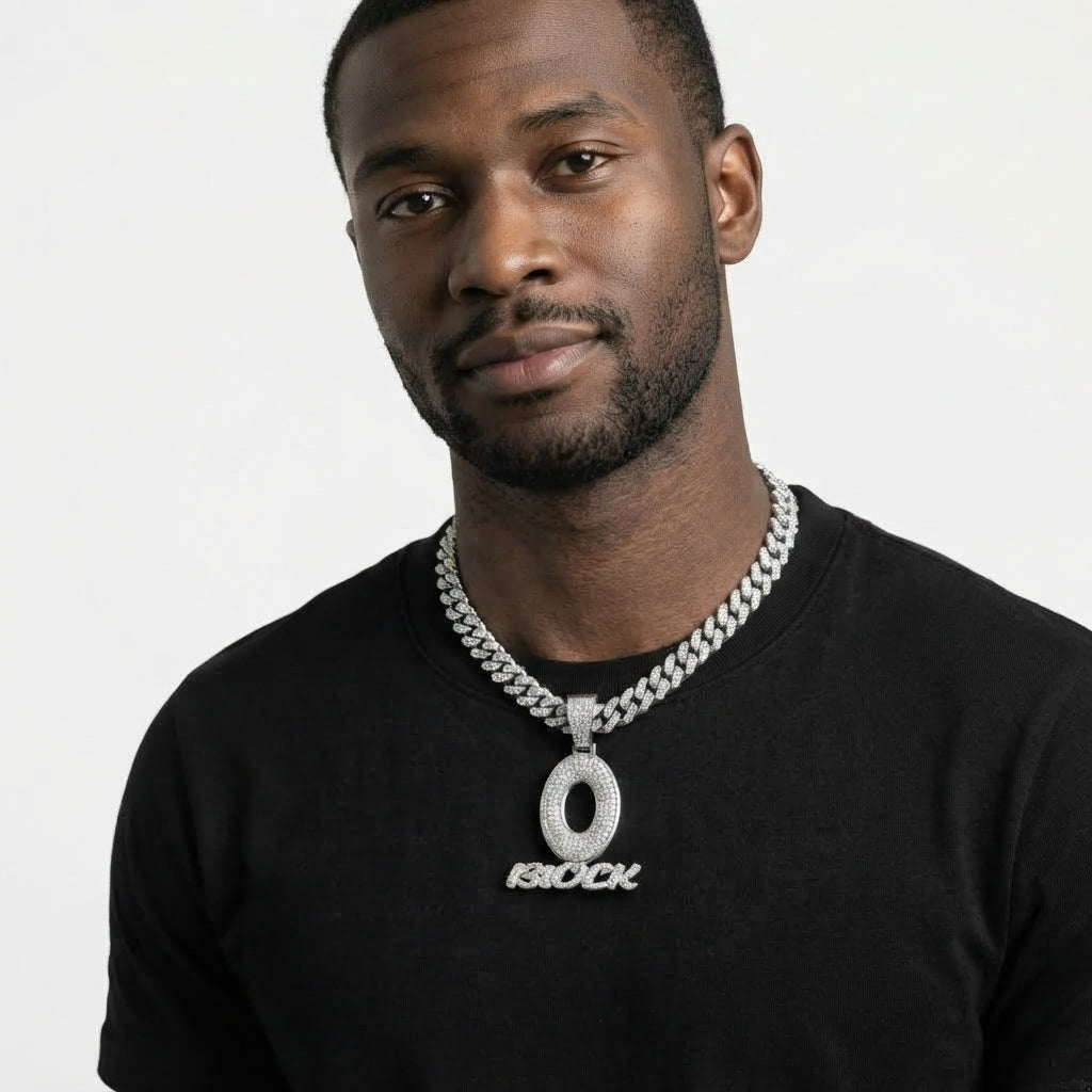 Iced Out O Block Pendant Necklace on Cuban Link Chain – Oversized Open O with Script Lettering | Silver or Gold