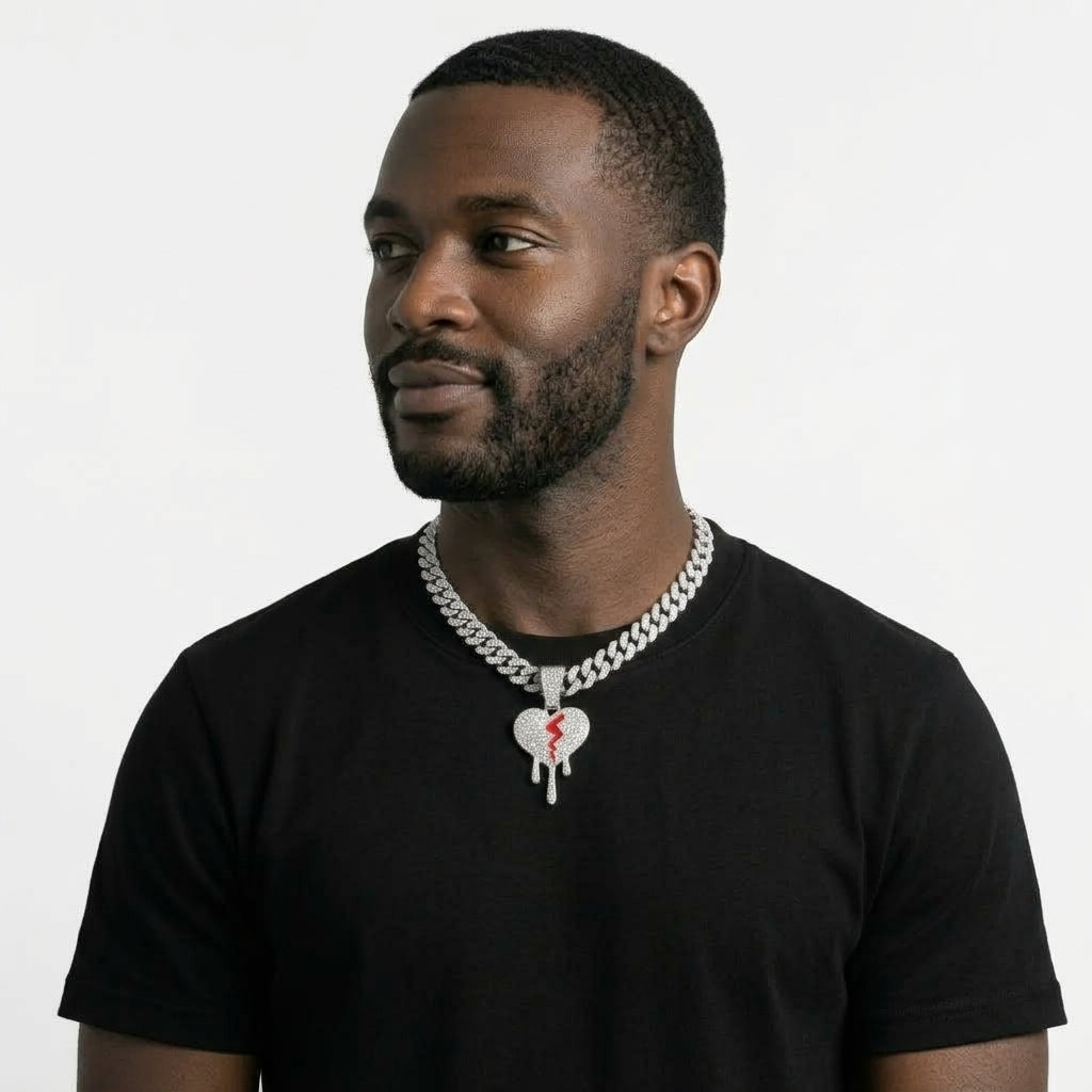 Iced Out Dripping Broken Heart Pendant Necklace on Cuban Link Chain – Red Enamel Crack | Gold or Silver