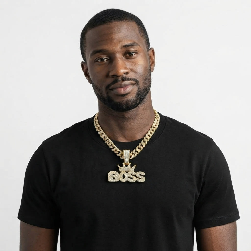 Iced Out Crowned BOSS Pendant Necklace on Cuban Link Chain – Puffy Bubble Letters with Stone-Set Crown | Gold or Silver