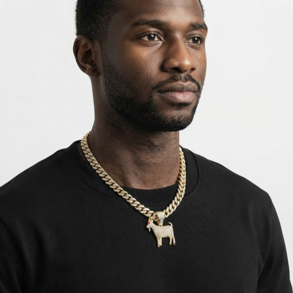 Iced Out Goat Pendant Necklace on Cuban Link Chain – Fully Stone-Set Standing Goat with Red Eye, Horns & Beard | Gold or Silver