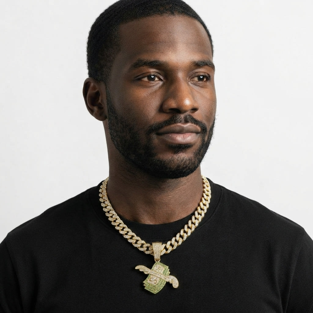 Iced Out Flying Money Pendant Necklace on Cuban Link Chain – Winged Cash Stack with Green Stones | Silver or Gold