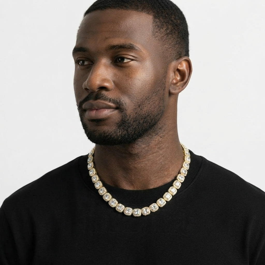 Iced Out Square Halo Cluster Tennis Chain Necklace – Large Center Stones with Double Halo Links | Silver or Gold