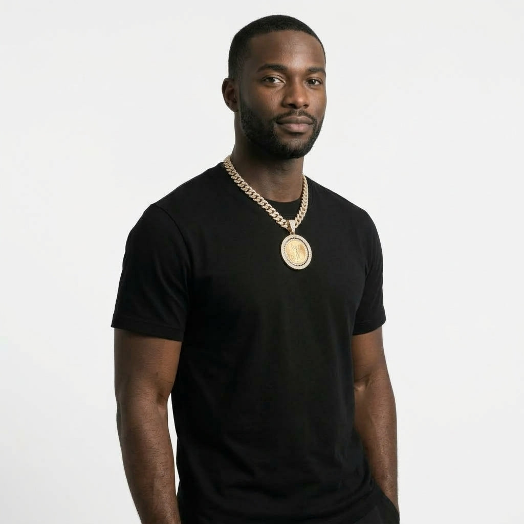 Iced Out Centenario 50 Pesos Coin Pendant Necklace on Cuban Link Chain – Replica Coin in Stone-Set Bezel | Gold or Silver