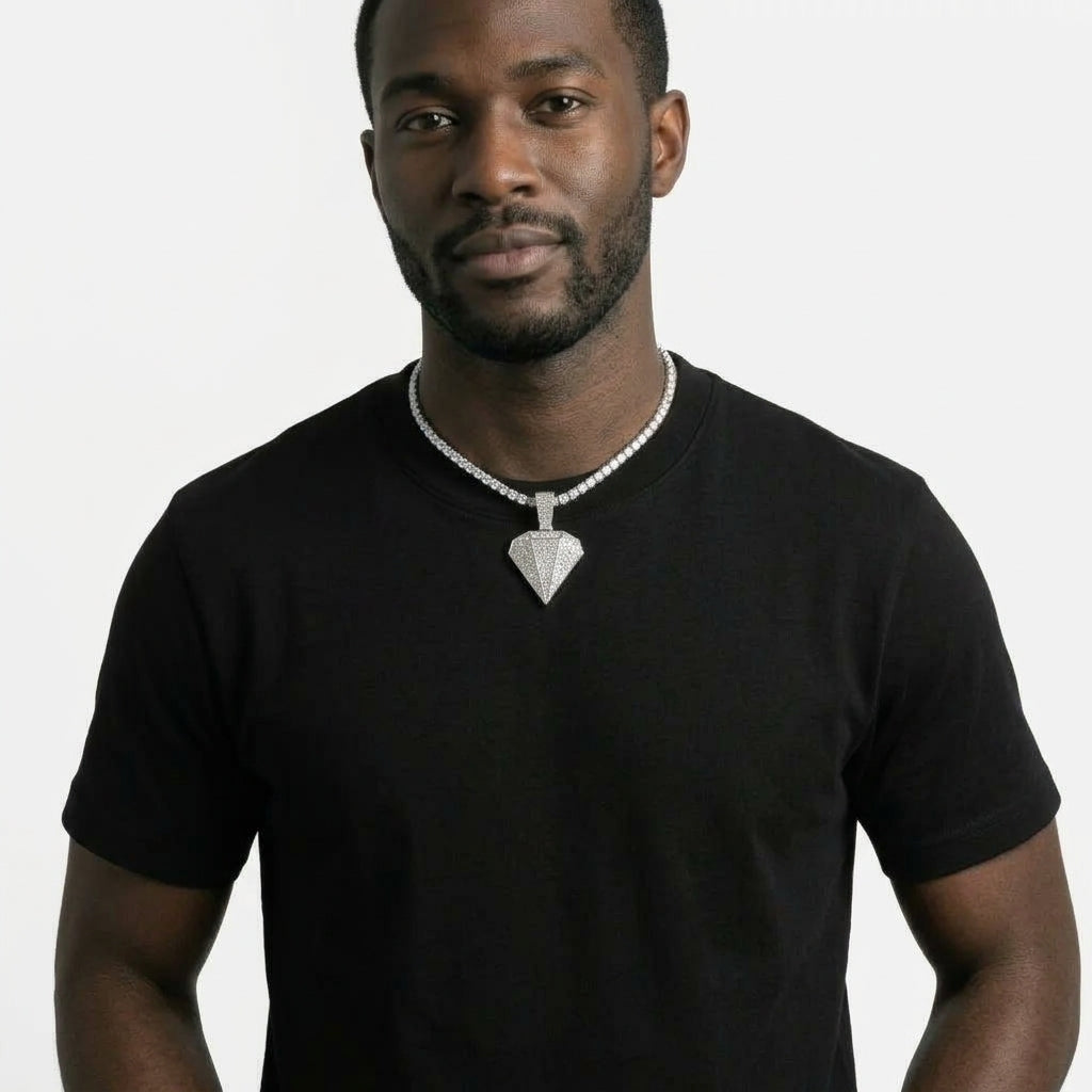Iced Out Diamond-Shaped Pendant Necklace on Tennis Chain – Faceted Gem Design | Gold or Silver