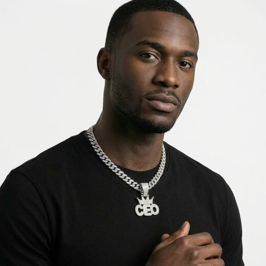 Iced Out Crowned CEO Pendant Necklace on Cuban Link Chain – Rounded Block Letters with Stone-Set Crown | Silver or Gold