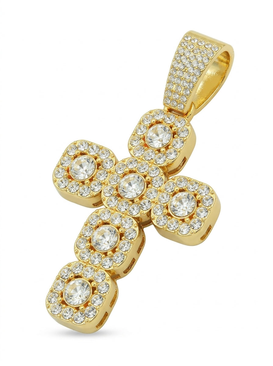 Iced Out Halo Cluster Cross Pendant – Six Round Center Stones in Square Halos, Religious Jewelry | Gold & Silver, Pendant Only