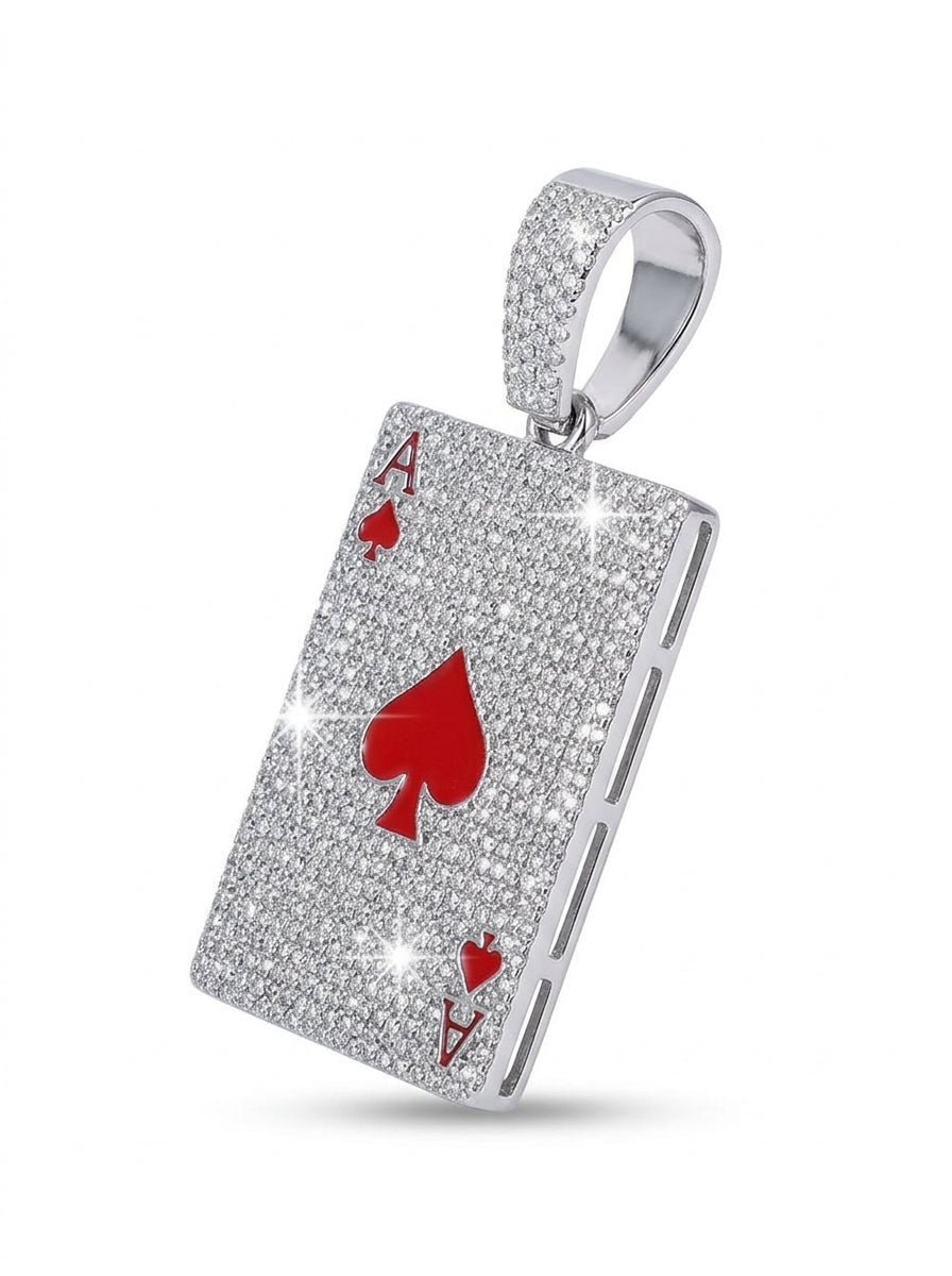 Iced Out Ace of Spades Playing Card Pendant – Red Enamel Spade on Fully Stone-Set Card | Silver & Gold, Pendant Only