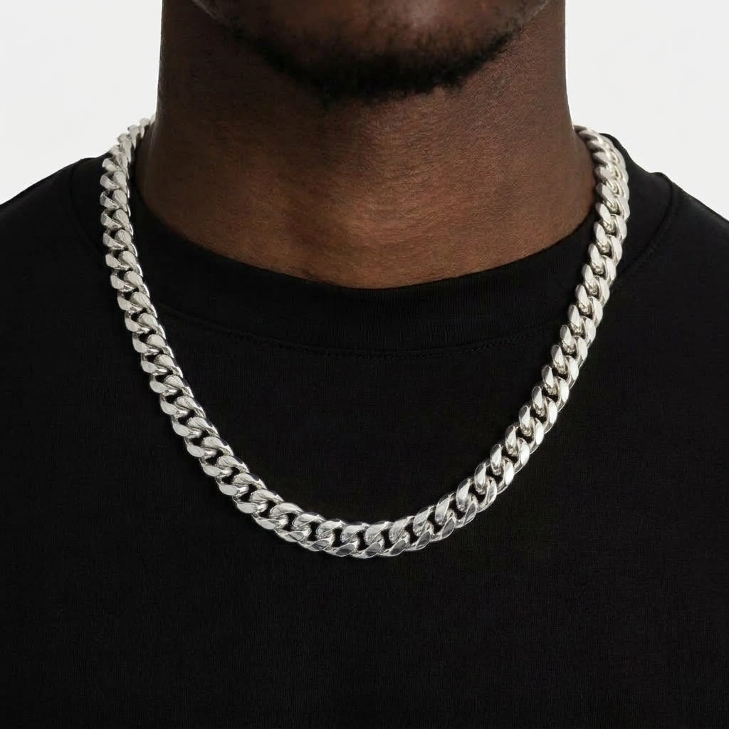 12mm Silver Cuban Link Chain Necklace – Polished Flat Interlocking Links