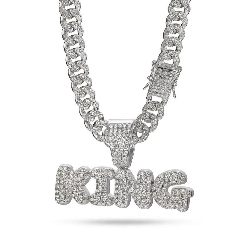 Iced Out KING Pendant Cuban Link Chain – Bubble Letter Necklace with Stone-Set Box Clasp | Silver or Gold