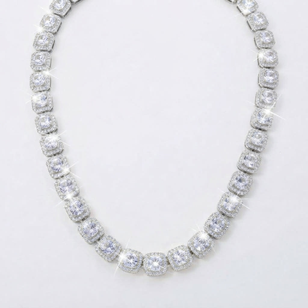 Iced Out Square Halo Cluster Tennis Chain Necklace – Large Center Stones with Double Halo Links | Silver or Gold