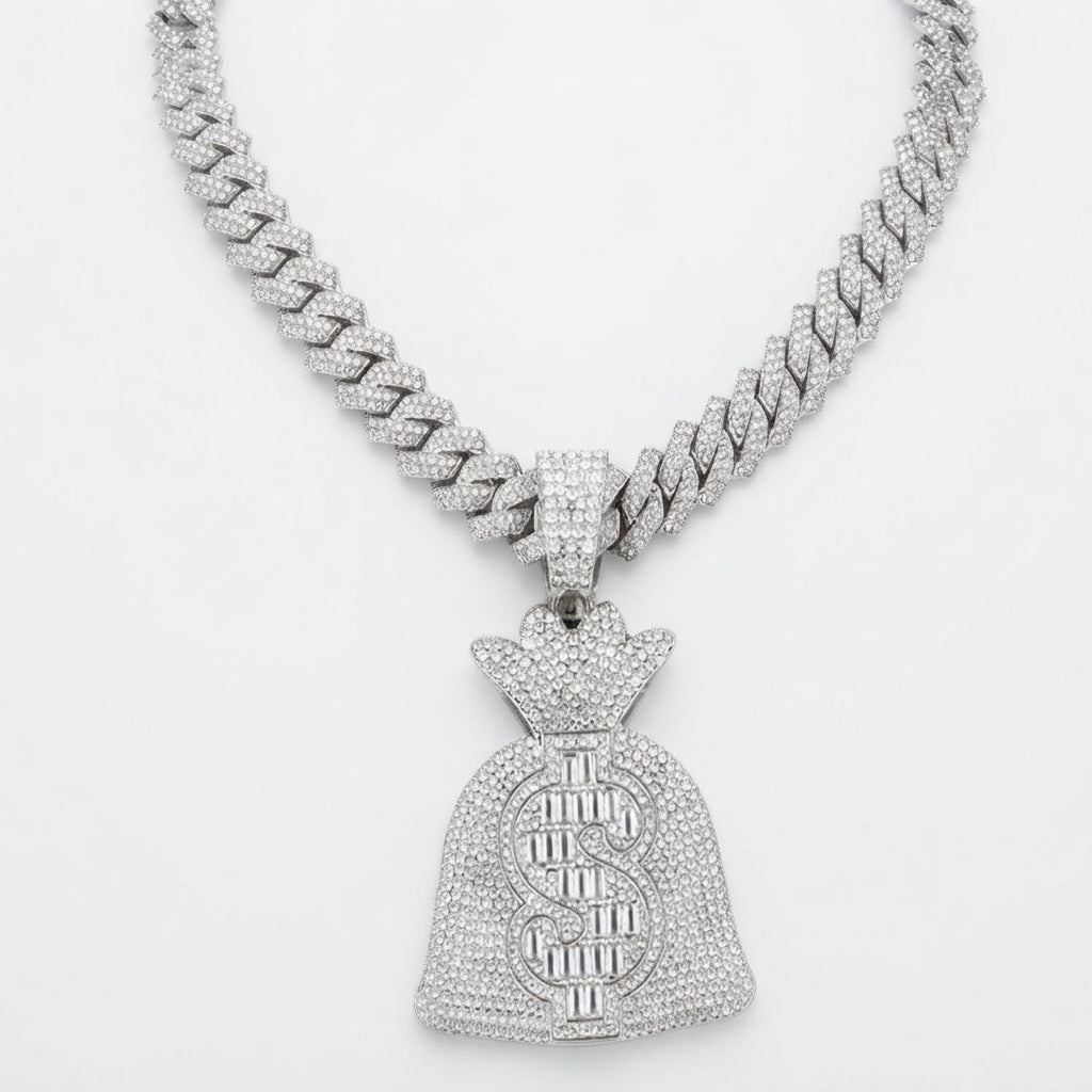 Iced Out Money Bag Pendant Necklace on Cuban Link Chain – Baguette-Stone Dollar Sign | Gold or Silver