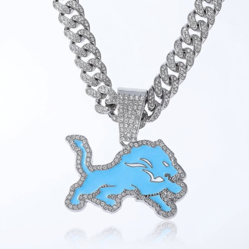 Detroit Lions Iced Out Pendant Necklace on Cuban Link Chain – Light Blue Enamel Leaping Lion with Stone-Set Border | Gold or Silver